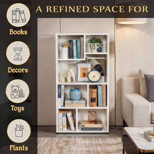 Image of ABOUT SPACE Book Shelf for Home Library - Book Rack with 7 Different Sized Shelves for Living Room, Bedroom, Home Office Book Stand for Kids, Adults Wooden Book Shelf (White - L 50 x B 26 x H 107 cm)