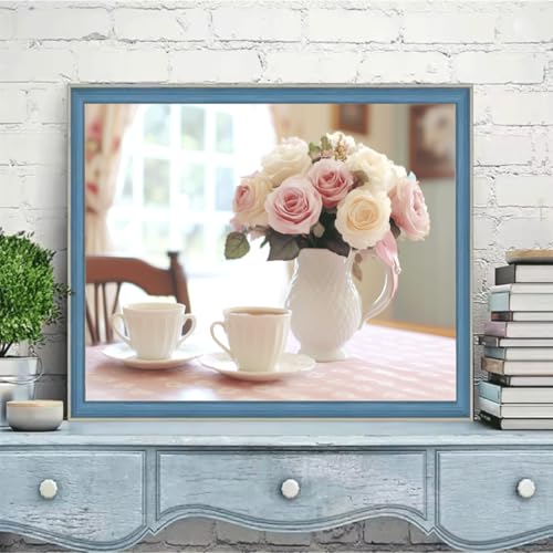 ペイントバイナンバー キット 大人用 カップ 薔薇、DIY 番号絵画 しわ防止キャンバス、初心者ペイントキット 成人儿童数字?画、アクリルペイント ペイントブラシ、 数字油絵 手工 クラフトアート フレームなし ?意?? ホームデコレーションギフ 70x9