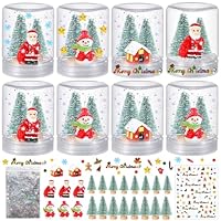 8 Set Christmas Plastic Snow Globes Kit Includes 8 Clear Snow Globe, 16 Mini Xmas Trees, 3 Snowman, 3 Santa Claus, 2 House, 1 Christmas Sticker with Glitter for DIY Crafts Home Winter Decor