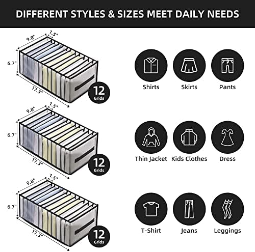 Closet Organizers and Storage, 12 Grids T-Shirt Organizer for Closet, Wardrobe Garments Organizer, Garments Organizer Jean Organizer for Closet, Garments Storage Organizer for Pants, Shirts(3 Pcs,Black) 2 51e+jLN +aL. AC