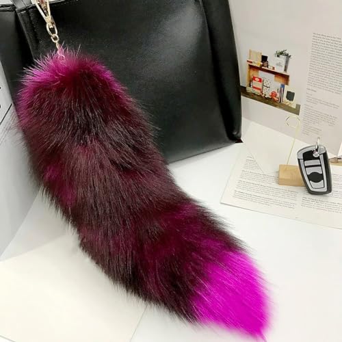 Image of 15.75 Inch Long Fluffy Faux Fur Tail Keychain, Fake Animal Tails for Handbags Backpacks Charm Tassel Ornaments (Rose Red)