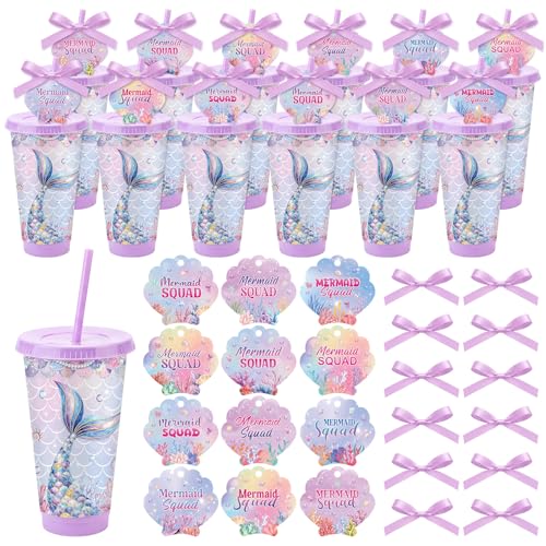 Honeydak 12 Sets Mermaid Party Cups with Lid and Straw 24oz Mermaid Birthday Favors Tail Shell Pastel Reusable Cups Bulk and Greeting Card Appreciation Gift for Baby Shower Ocean Party Supplies