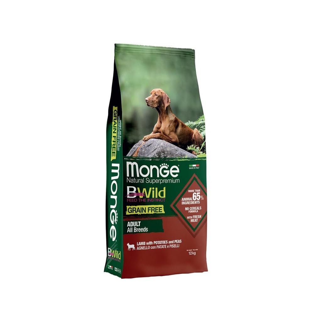 Monge Cane Crocchette Bwild Adult Agnello Patate e Piselli 12Kg Grain Free