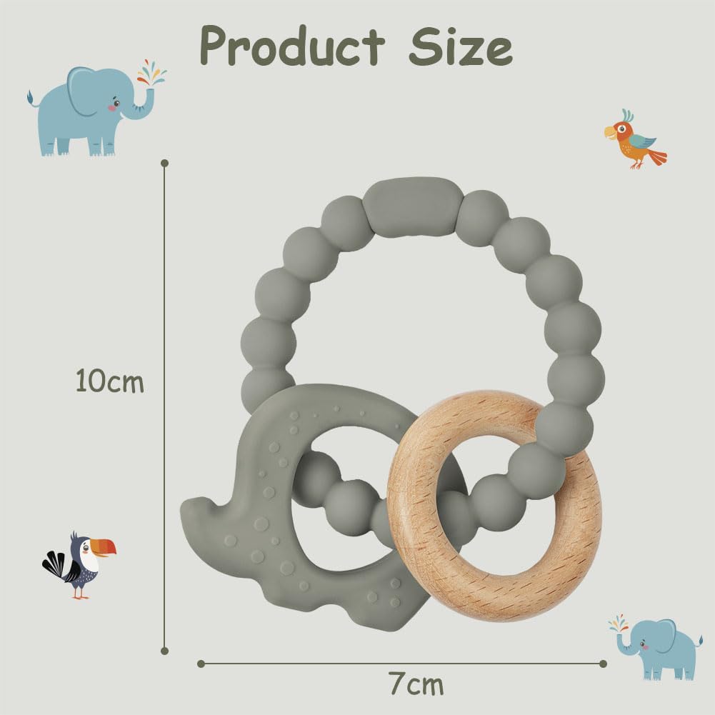 Vicloon Silicone and Wood Teething Toys - Easy to Hold and Clean Up, Octopus Teether for Boys & Girls (Green-Grey) - Image 2