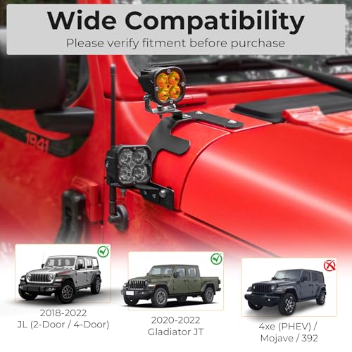 Image of A-Pillar Ditch Light Mount Brackets for 2018-2023 Jeep Wrangler JL Gladiator JT Accessories, Dual LED Light Pod Aluminum Brackets, 1 Pair 【Does NOT FIT 4xe / Mojave / Rubicon 392】