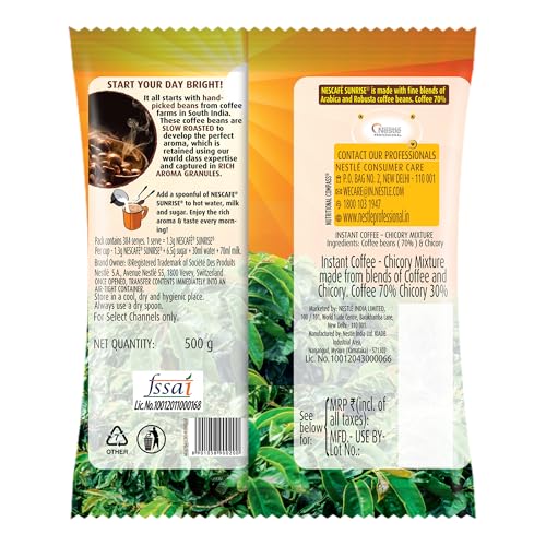 Image of New right Title : Sunrise Instant Coffee Powder by Nescafe | Rich Taste & Aroma For The Perfect Start To Your Day | Coffee Chicory Mix | 500g Pouch fine blend coffee [60%] & chicory [40%] (Pack of 3)