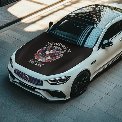 Image of Qiyupavt USA 250th Birthday and Bald Eagle Car Hood Cover Stretch Fabric Car Hood Protector Removable Car Hood Accessories Suitable Most Automotive Sedans Pickup Trucks