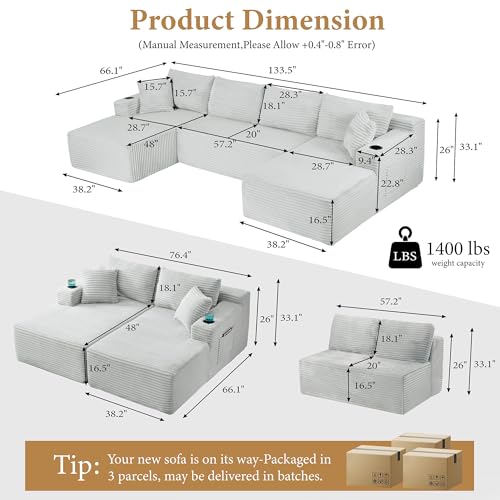 Image of 96 inch Sectional Couches for Living Room Cloud Couch Sofa with L-Shape Upholstered Boneless Couchs Modern Modular Sectional Couch with Chaise