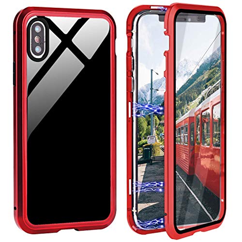 Caler Funda Compatible para Samsung Galaxy A30/A20 Carcasa Magnética Cubierta de 360 Grados Delantera y Trasera de Transparente Vidrio Templado Marco de Metal Protección Flip Case Cover?Rojo?