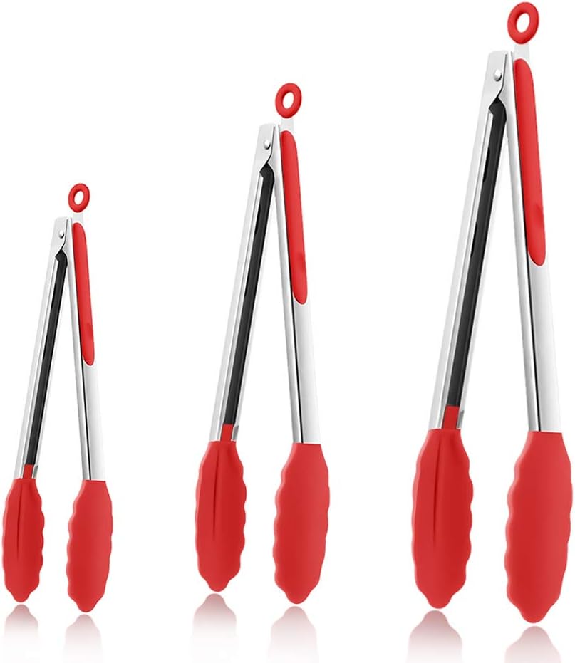 Kitchen Cooking Tongs 3 Packs, Xpatee Silicone Kitchen Tongs (7 / 9/ 12 in), Stainless Steel Tongs with Silicone Tips for Cooking, Serving, BBQ Grill and Salad( Black): Kitchen & Dining