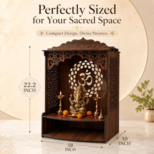 Image of The Castle Decor Wooden Mandir for Home, Wall Hanging & Tabletop Pooja Temple with Ganesha Cutwork, 2-Tier Storage Shelf, MDF Mandir for Pooja Room, Office, Hostel, 13 x 15 x 8 Inch (Design-8)