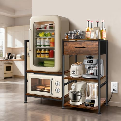 Mini Fridge Stand with Storage, Mini Fridge Microwave Stand with Power Outlet, Coffee Bar Cabinet with Storage, Bakers Rack, Microwave Oven Stand, Shelf Organizer For Dorm, Kitchen, Office, Brown by fruui - Used condition - US$60.28