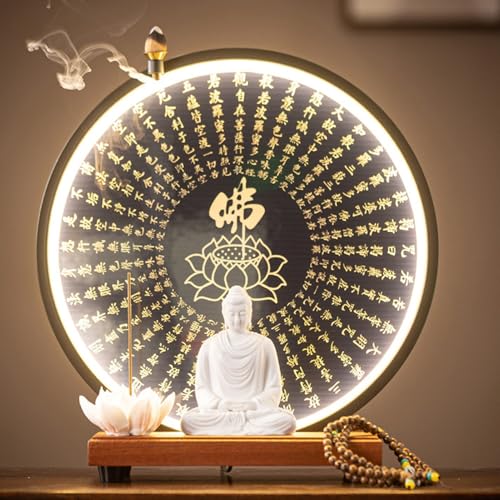 神聖な照明の祭壇テーブルセット - LED仏壇棚スタンド 陶器製仏像付き 祈りと瞑想、スピリチュアルな家庭寺院の装飾に(A)