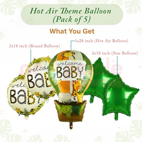 Image of Propsicle Jungle Safari Animal Theme Welcome Home Baby Hot Air Foil Balloons (Set of 5 pcs.) | Jungle Animal Theme Decorations for Baby Showers & Newborn Celebrations