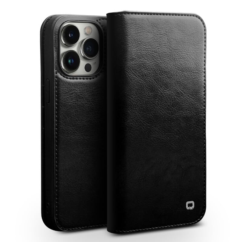 Étui en cuir véritable iPhone 14 Pro noir, la housse portefeuille aux finitions premium