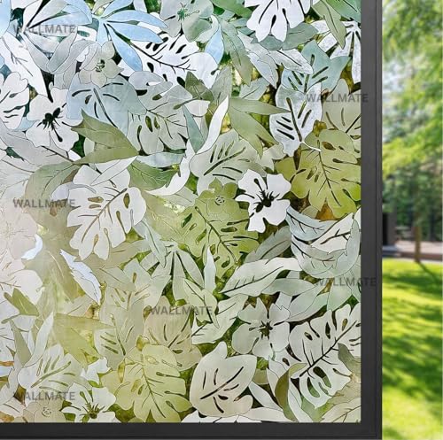Image of WALLMATE Window Privacy Film Frosted Vinyl Glass Covering, UV Blocking, Non-Adhesive, No-Glue, for Bathroom Living Room Office,(24x100 Inch, Plam Leaf)