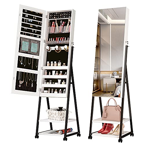 Vlsrka Standing Jewelry Cabinet with Full Length Mirror, Lockable Jewelry Armoire, Large Capacity Storage Organizer, Floor Mirror with Drawer Shelve Wheels