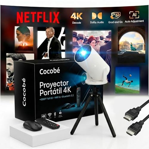 COCOBÉ Proyector Portatil 4k con App Integrada, Trípode Incluido, Mouse, Cable HDMI y Mando - Mini Proyector Portatil Full HD 1080P 4k para Cine en Casa - con Enfoque Automático