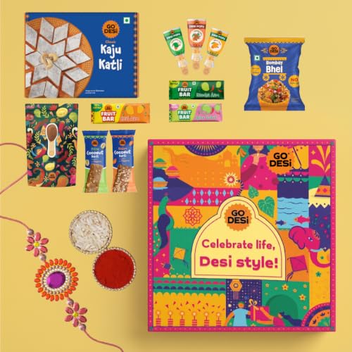 Image of GO DESi Fun Gift Box - 21 Items | DESi Fun Gift Box | By GO DESi | Kaju Katli | Roli Chawal | DESi POPz | Fruit Bars | Coconut Burfi | Dry Bhel | Dates Dry Fruit Laddu | Raksha Bandhan Combo Set | Rakhi with Gift for Brother | Rakhi Hamper for Brother | Raksha Bandhan Gift Hamper