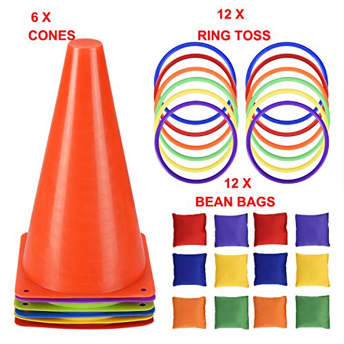 31 Pcs Outdoor Carnival Games, 3 In 1 Bean Bag Ring Toss Games For Kids Birthday Party, Plastic Soft Cones Yard Lawn Game For Family Party Easter Kid's Gift #TOP4