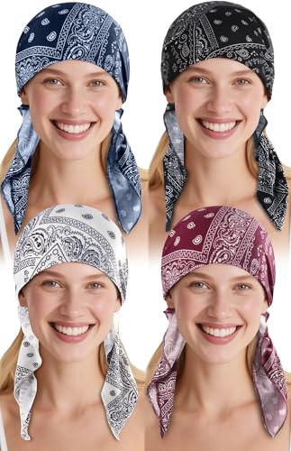 Ababalaya 4 PACK Chemo Headwear for Women Pre-tied Bandana Head Scarf Beanie Hat Hair Cover Turban Softer Lightweight Headcovers for Bald Hair Loss Non Slip Sleep Cap