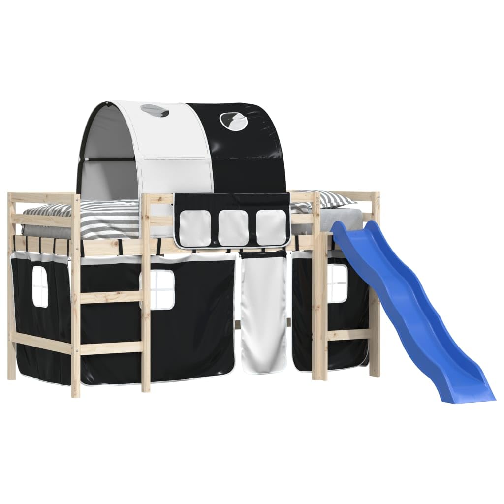 Vorhänge für Hochbett mit Tunnel in Weiß und Schwarz aus Polyester für Kinderzimmer, inklusive Aufbewahrungstaschen, Befestigungshilfen und langlebiges Material