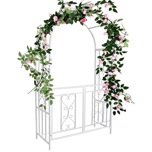 Arche pour plantes grimpantes blanche avec portail treillis jardin et rosiers