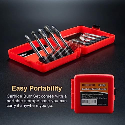 Image of HIDOTOL Carbide Burr Set 1 /4 inch Shank 10PC Tungsten Double Cut Carbide Rotary Burr Set for Metal and Wood Carving, Grinding, Polishing, Engraving, Drilling in Plastic Box.