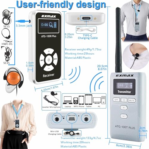 Sistema Inalámbrico para Guías Turísticos EXMAX ATG-100T PLUS, 195 MHz, 1 Transmisor + 1 Receptor, Micrófono para Interpretación Simultánea, Iglesias, Reuniones Silenciosas, Talleres, Escuelas y Edificios Municipales miniatura 4