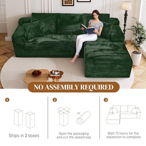 Image of 108 inch L Shaped Boneless Sectional Couches for Living Room, Comfy Corduroy Floor Cloud Sofa with Chaise, Wide Armrest, Deep Seat, Memory Foam, Assembly Free, Ideal for Small Spaces, Green