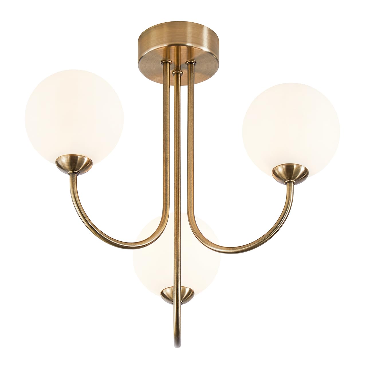 Happy Homewares Antique Brass 3 Arm Ceiling Light With Opal White Globe Glass Shades