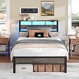 HOOBRO Bett 140 x 200 cm mit Lattenrost, Bettgestell mit Kopfteil, LED-Beleuchtung, Ladestation...
