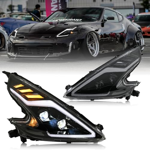 letsdate Projector Headlights Fit For 370Z (Z34) 2009-2020 US Models with Startup Animation with Amber Sequential Turn Signal Regular Style