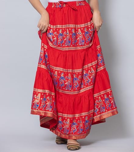 Image of Women's Cotton Printed Long Skirt | Ethnic Folk Print Tiered Maxi Skirt for Women | Elastic Waist Flared Boho Skirt | Traditional Casual for Women