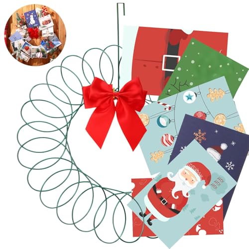 MorningRo 1 Set 3 Pcs Green Christmas Card Wreath Holder for Front Door 13'' Spiral Metal Christmas Card Holder Display Set Xmas Greeting Photo Display with Red Bow Door Hanger for Home DIY Crafts