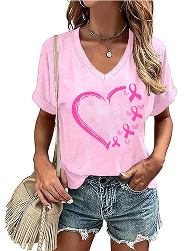 Breast Cancer Shirts for Women Pink Ribbon Awareness Inspirational T-Shirt Breast Cancer Survivor V-Neck Top
