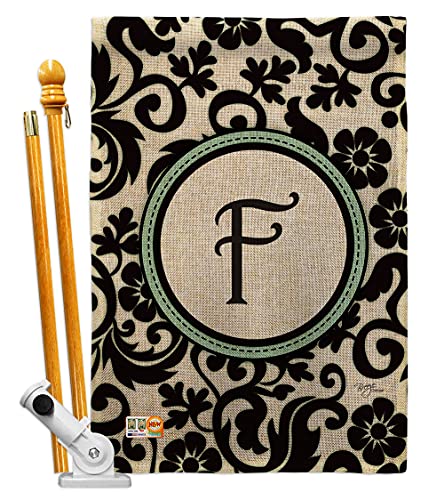 Breeze Decor Damask F Initial House Flag Set Monogram Country Living Simply Beauty Floral Vintage Letter Everday Classic Decoration Banner Small Garden Yard Gift Double-Sided, Made in USA