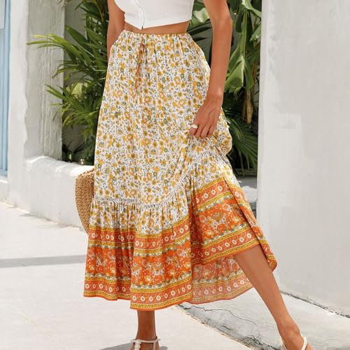 Womens Boho Floral Tie Up Waist Summer Beach Wrap Cover Up Maxi Skirt Full Length A-Line Stretchy Flared Casual Skirt3