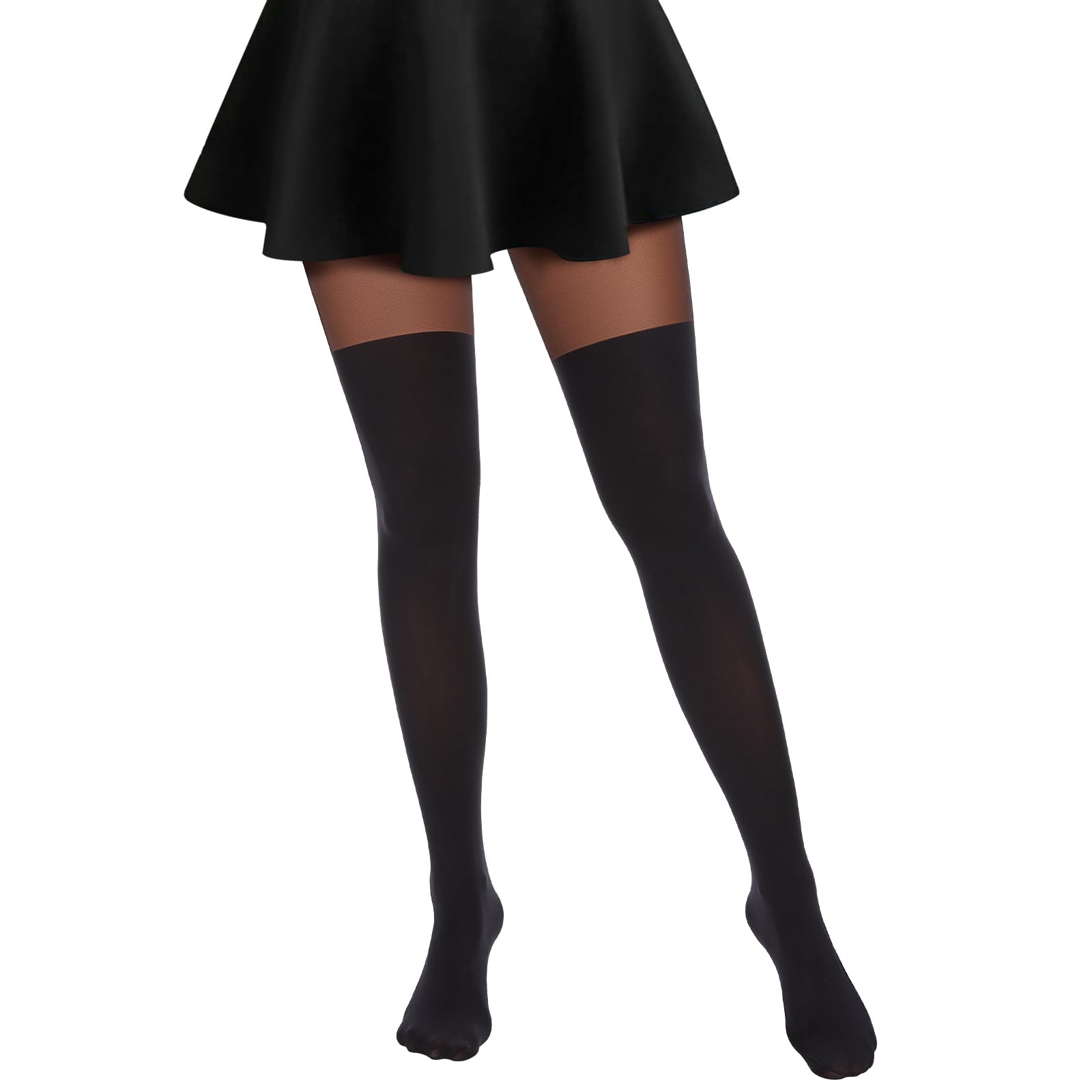 Mock Hold Ups Tights Plain Thigh High Look Stockings Suspender Black Tights