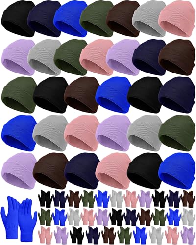 Image of JaGely 64 Pcs Kids Hats and Gloves Bulk Winter Beanies Hat Gloves for Toddler Boys Girls School Donation Wholesale