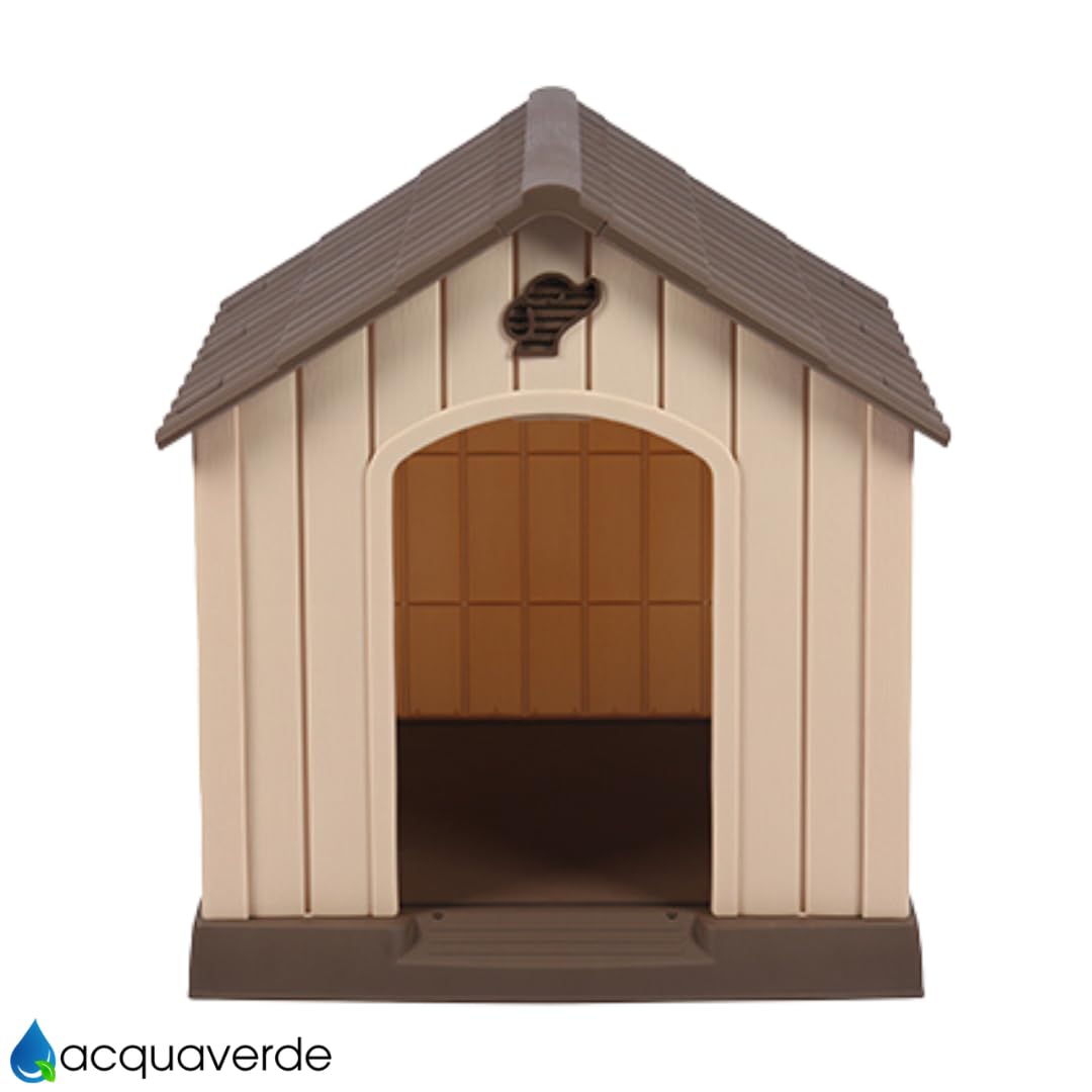 acquaverde | Cuccia per Cani da Esterno, Taglia Grande/Large Casetta per Cani in Resina, Impermeabile, Resistente, Base Isolante e Tetto Spiovente, Facile da Montare - Beige/Marrone | cm. 93x99x98