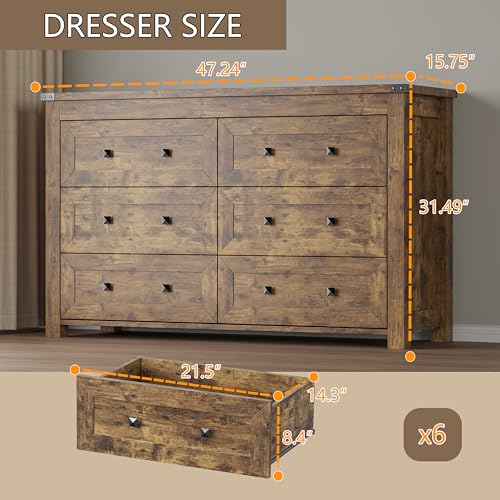 Image of BORNOON 6-Drawer Dresser, Modern Wooden Storage Chest of Drawers, Dresser TV Stand, Wood Drawer Organizer with Metal Handles for Bedroom, Living Room, Hallway