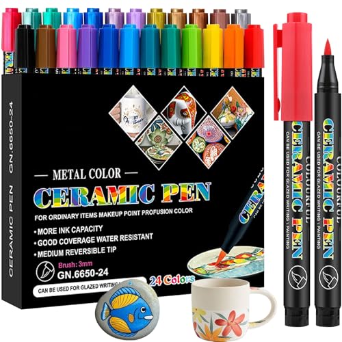 24 Stück Porzellanstifte Spülmaschinenfest, Wasserfest Stifte zum Steine Bemalen, Glasmalstifte Spülmaschinenfest, Acrylic Marker, Keramik Stifte für Steine Bemalen, Glas, Holz, Keramik, Metall