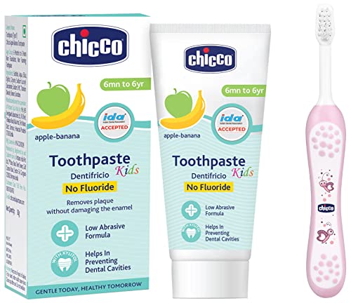 Image of Chicco Applebanana Anti-Cavity Toothpaste 6M+ With Pink Toothbrush 6-36M, 2 Pieces