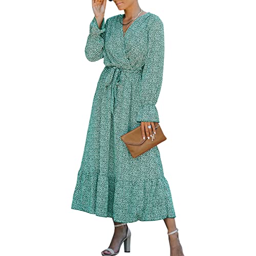 Timathous Damen Lässige Kleidung Maxi Kleid mit V-Ausschnitt Blumenkleid Lange Ärmel Flüssige Boho Linie mit Gürtel Kleid, grün, M