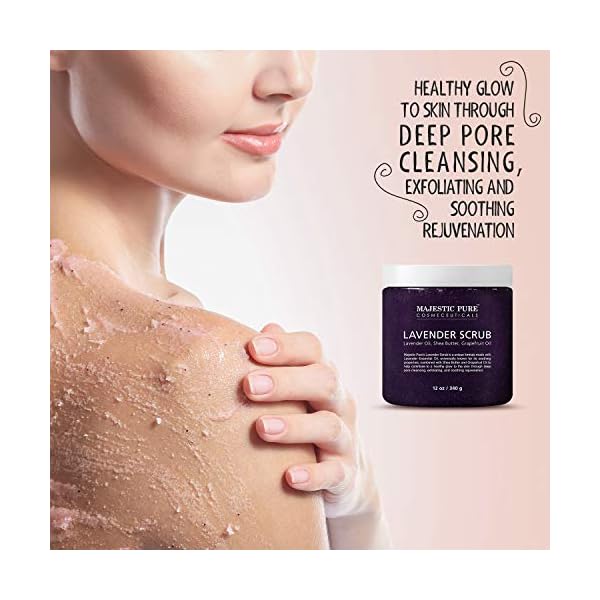 Lavender Oil Body Scrub Exfoliator with Shea Butter and Grapefruit Oil by Majestic Pure - Exfoliate & Moisturize Skin, Fights Acne - 10 oz