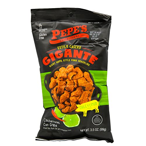 Pepe's Chile y Limon Pork Rinds 'Estilo Casero Gigante Chicharrones Con Grasa' Giant Homestyle Cracklins 3.5 Ounces (2 Pack)