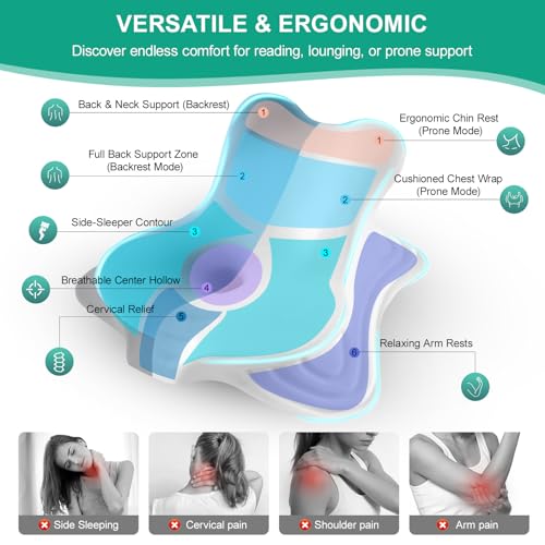 Image of MOONYOOY Ergonomic Reading Pillow for Bed, Premium Memory Foam Wedge Pillow for Prone, Leaning & Back Support, Cooling Ice Silk Cover for Couch & Headboard Relaxation, Sky Blue
