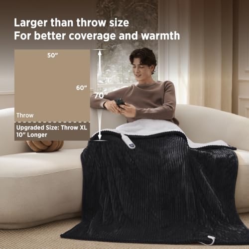 Image of Bedsure Ribbed Heated Blanket Throw XL, Black Electric Blanket, Preheat