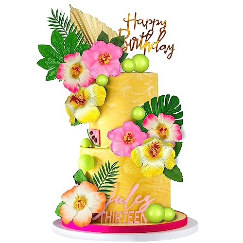 25 PCS Flower Cake Topper Hawaiian Cake Decorations with Palm Leaves Hibiscus Flowers Balls for Hawaii Aloha Jungle Summer Theme Wedding Birthday Baby Shower (Multicolour)